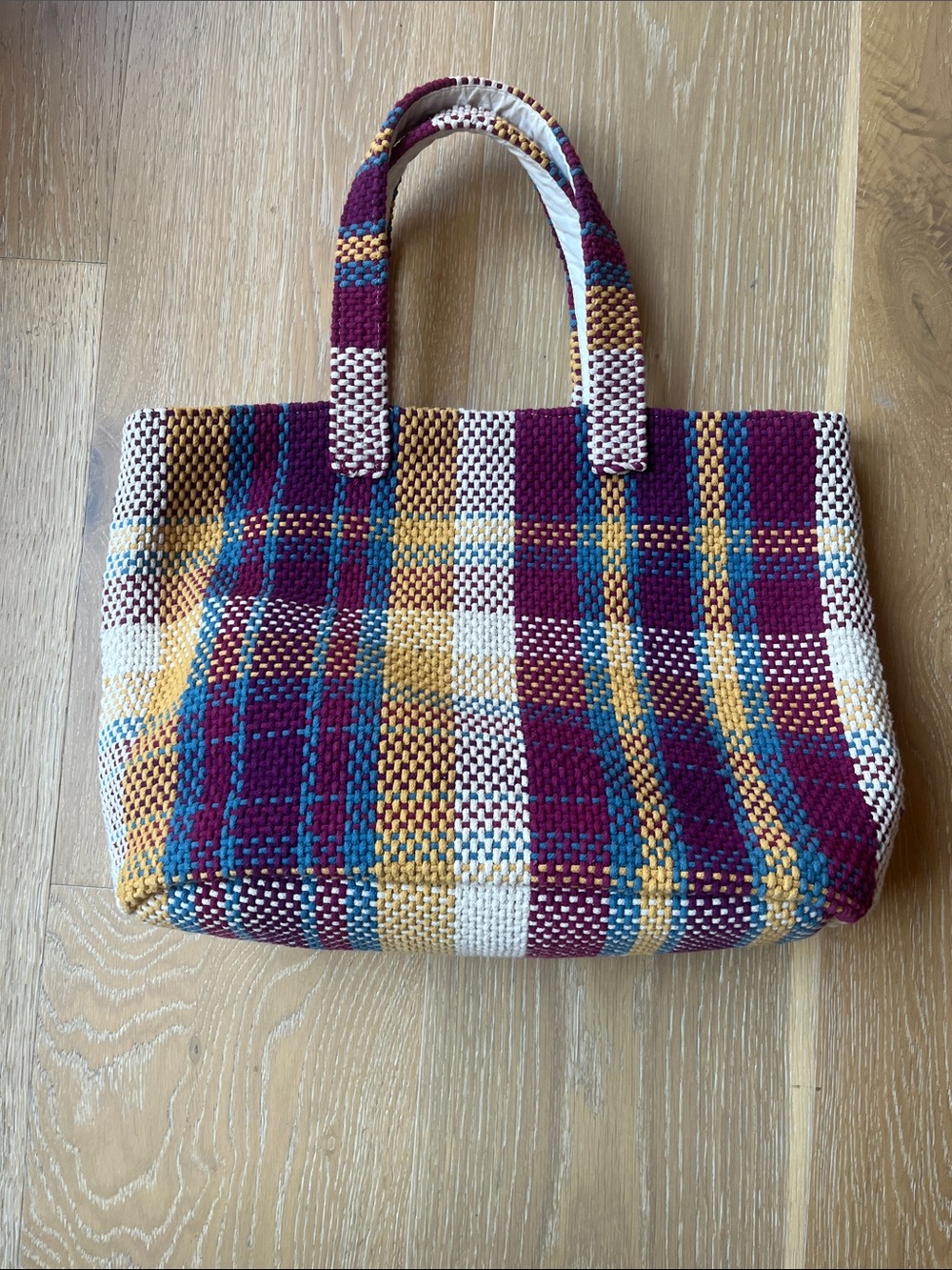 Woven Plaid Tote Bag in Burgundy, Mustard & Teal